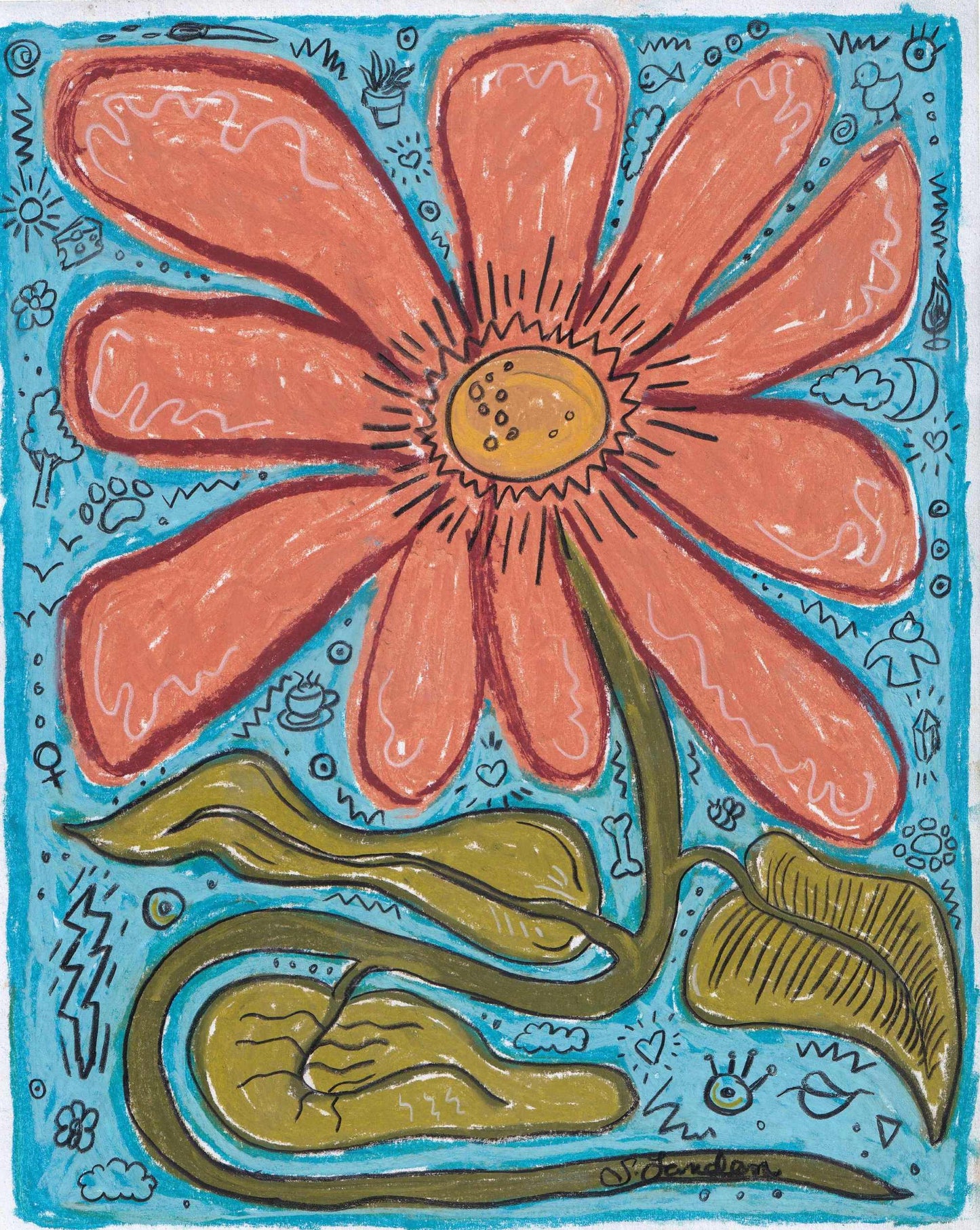 Colorful illustration of a peach flower with green leaves on a blue background