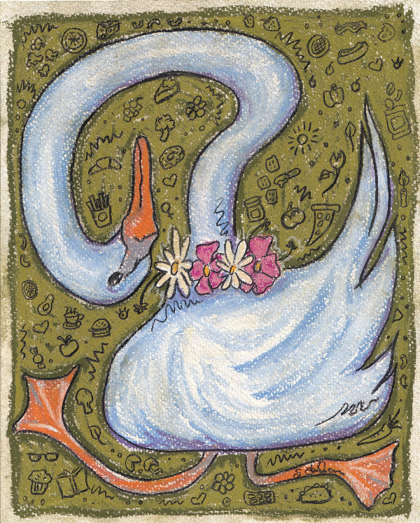 Whimsical illustration of a swan with flowers and food on a green background